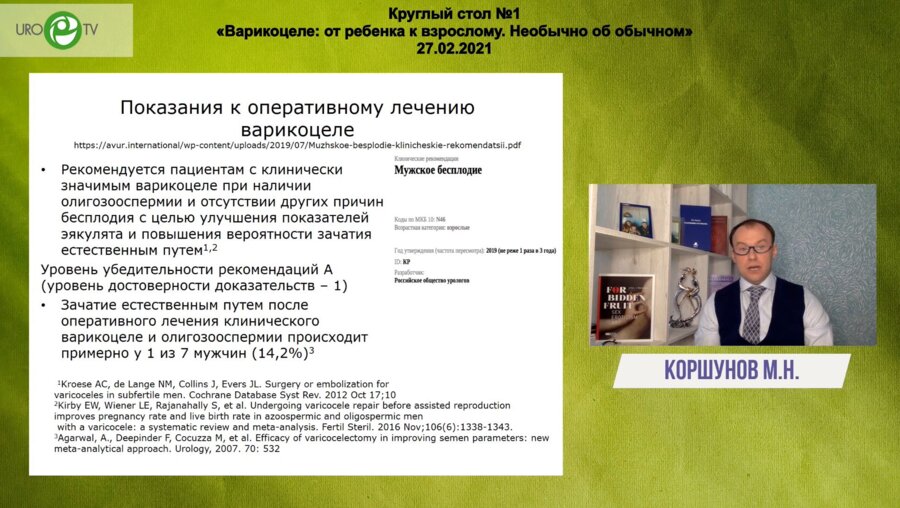 Коршунов М.Н. - Варикоцеле, как причина первичного и вторичного бесплодия. Реалии андрологической практики в условиях клиники ВРТ